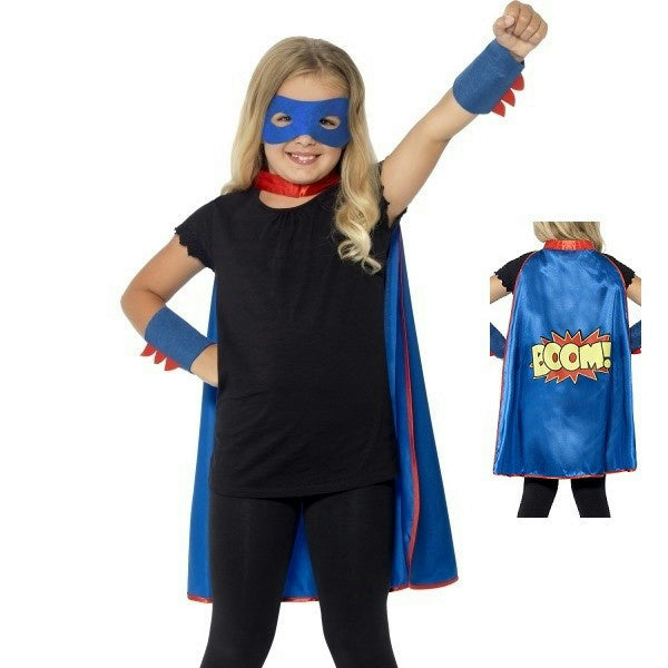 Unisex Childs Blue Superhero Cape Eyemask and Cuffs Costume Kit by HalloweenStore.com