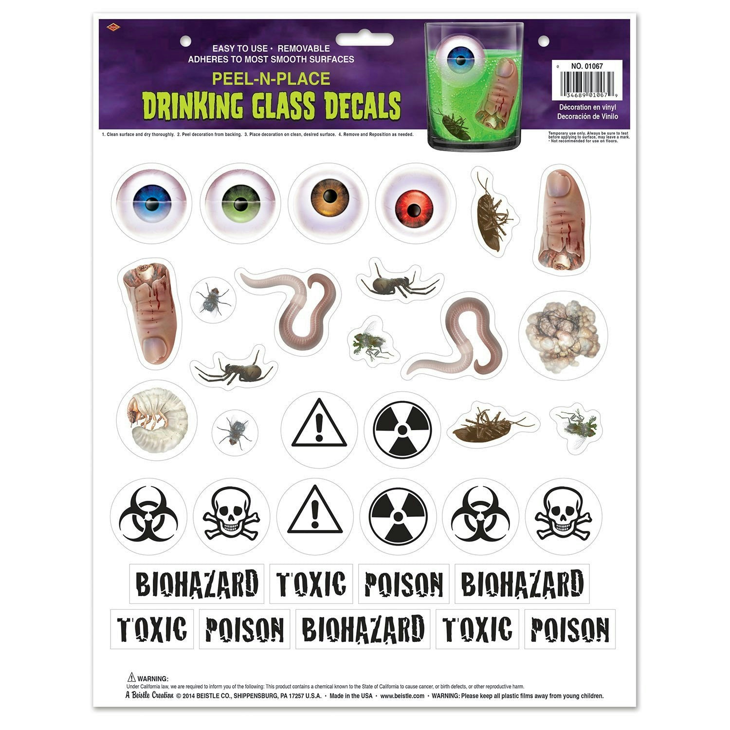 Beistle Drinking Glass Decal Peel 'N Place Bugs Eyeballs Toxic Biohazard by HalloweenStore.com