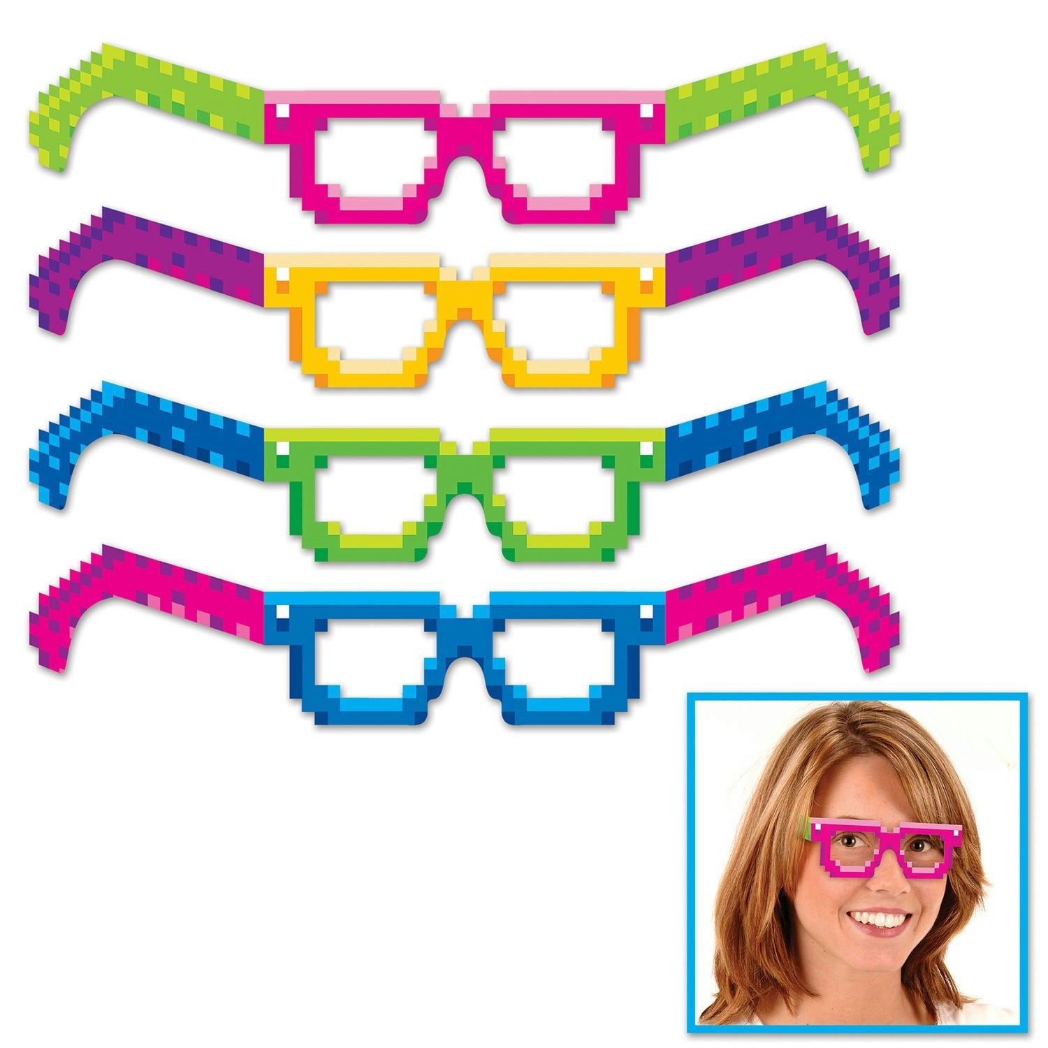 Neon Multicolored 8-Bit Paper Glasses 4 Pack by HalloweenStore.com