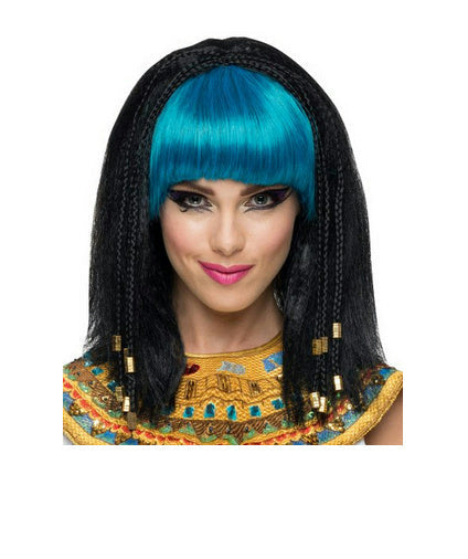 Women's Black Egyptian Princess Wig with Turquoise Bangs and Beads by HalloweenStore.com