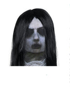 Adult Fabric Ghost Mask with Attached Long Black Wig by HalloweenStore.com
