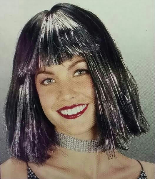 Black Silver Tinsel Bob Wig With Bangs Sparkle Cleopatra by HalloweenStore.com