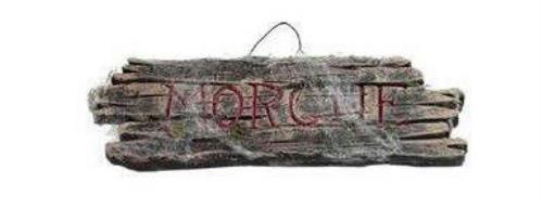Wood Effect Morgue Sign with Cobwebs Halloween Decor Prop by HalloweenStore.com