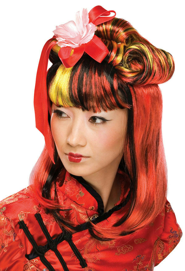 Red Dragon Lady Red and Black Geisha Partial Updo Wig with Flower and Ribbons by HalloweenStore.com