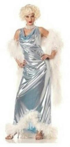 Silver Screen Goddess Marilyn Lame Glamour Gown Feather trim Costume Small 6-8 by HalloweenStore.com