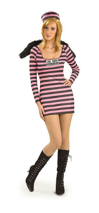 Jailbird Womens Jail Bird Convict Prisoner Ladies Adult Pink and Black Costume by HalloweenStore.com