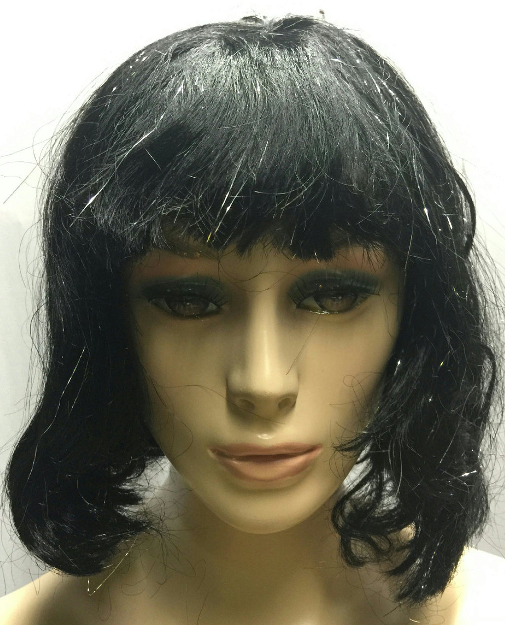 Black Silver Tinsel Bob Wig With Bangs Sparkle Cleopatra by HalloweenStore.com