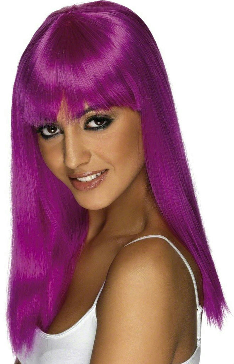 Smiffy's Neon Purple Glamourama Long Wig with Bangs by HalloweenStore.com