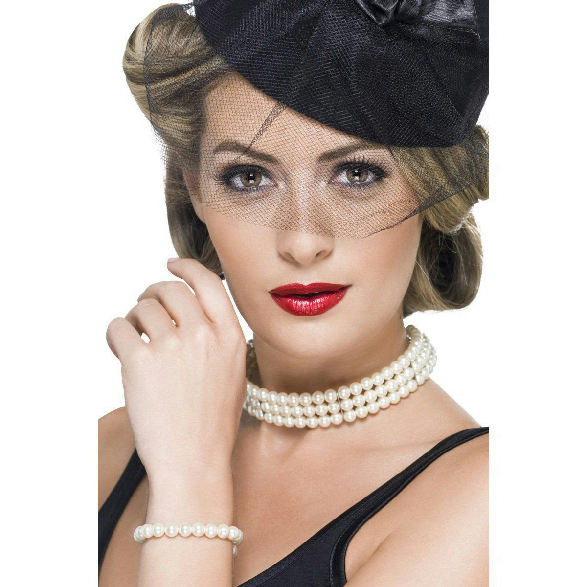 50's Vintage Faux Pearl Costume Jewelry Choker Necklace and Bracelet Set by HalloweenStore.com
