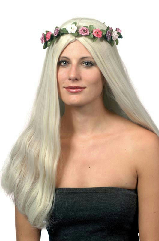 60's Titania Long Blonde Hippie Wig with Flower Halo Headdress by HalloweenStore.com