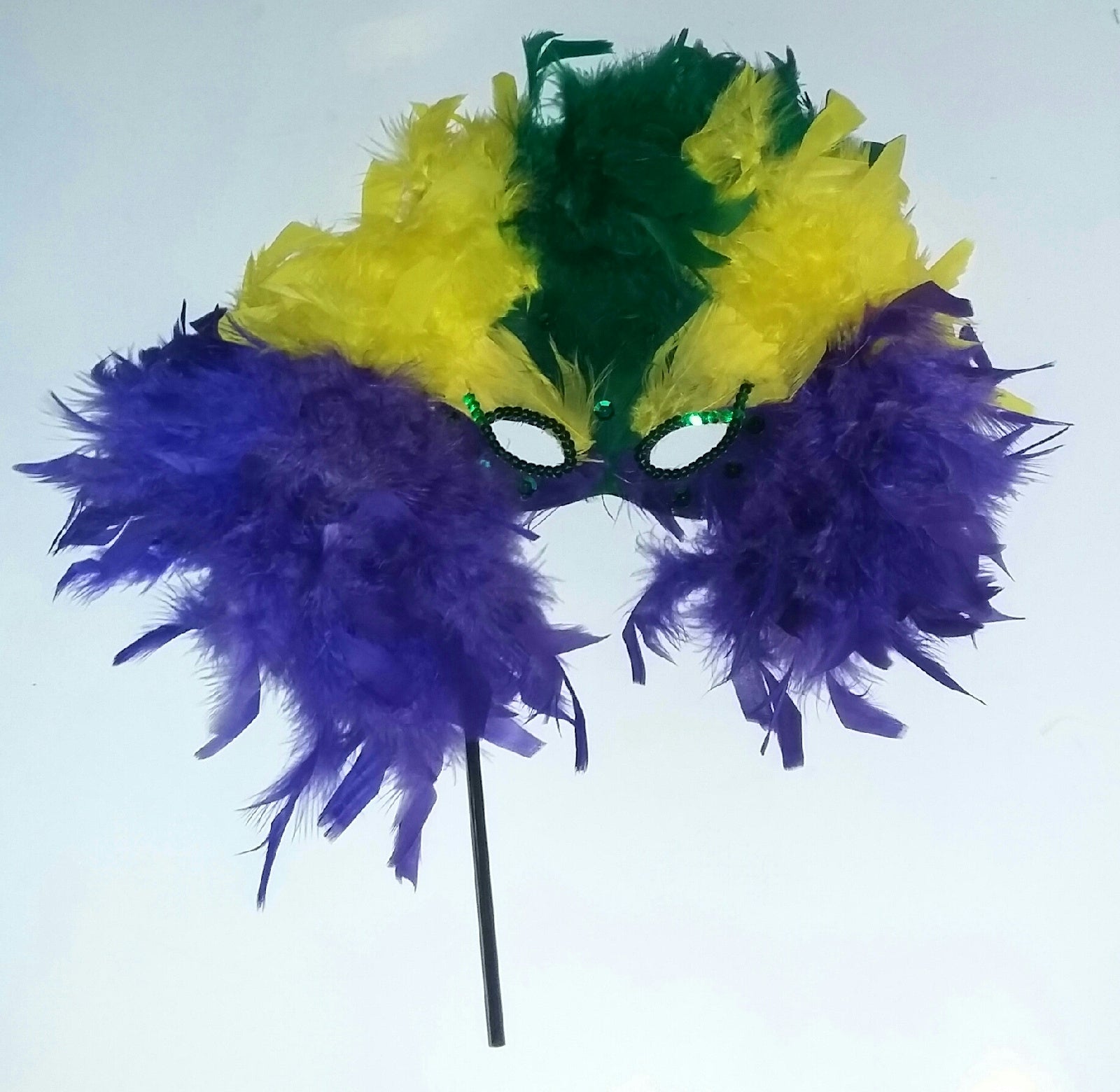 Purple Yellow Green Mardi Gras Feather Showgirl Masquerade Mask On a Stick 4485 by HalloweenStore.com