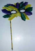 Multicolored Mardi Gras Pointed Feather Masquerade Eye Mask On a Stick 5805 by HalloweenStore.com