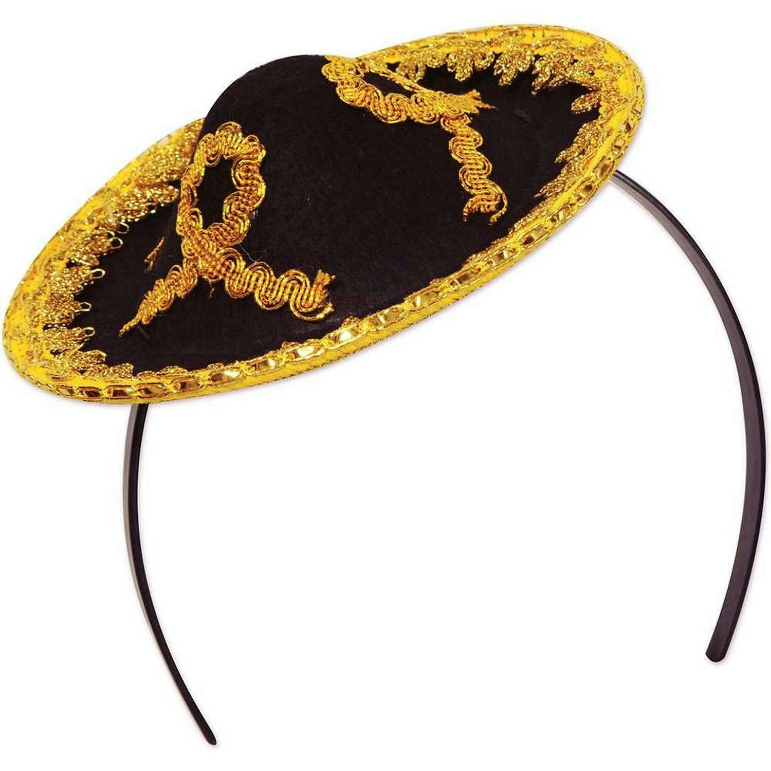 Mini Black Sombrero Headband with Gold Trim Costume Accessory by HalloweenStore.com