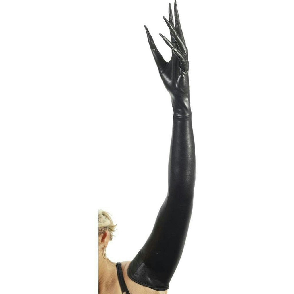 Creepy Twisted Circus Long Shiny Black Faux Leather Pointy Fingered Gloves by HalloweenStore.com
