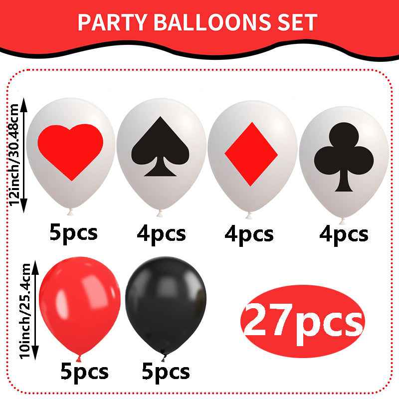 27pcs Poker Pattern Latex Balloons | 12/10Inch Black, Red, And White For Theme Party, Night Party Supplies, Venue Layout, Studio Equipment, Photography Pose Props, House Party Indoor And Outdoor Decorations, Holiday And Birthday Party Decorations