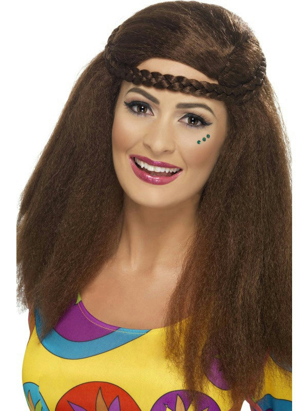 Smiffy's Women's Brown Hippy Chick Long Afro Wig with Plaited Headband by HalloweenStore.com