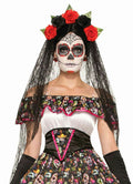 Adult Day of the Dead Black Veil Headband with Flowers by HalloweenStore.com