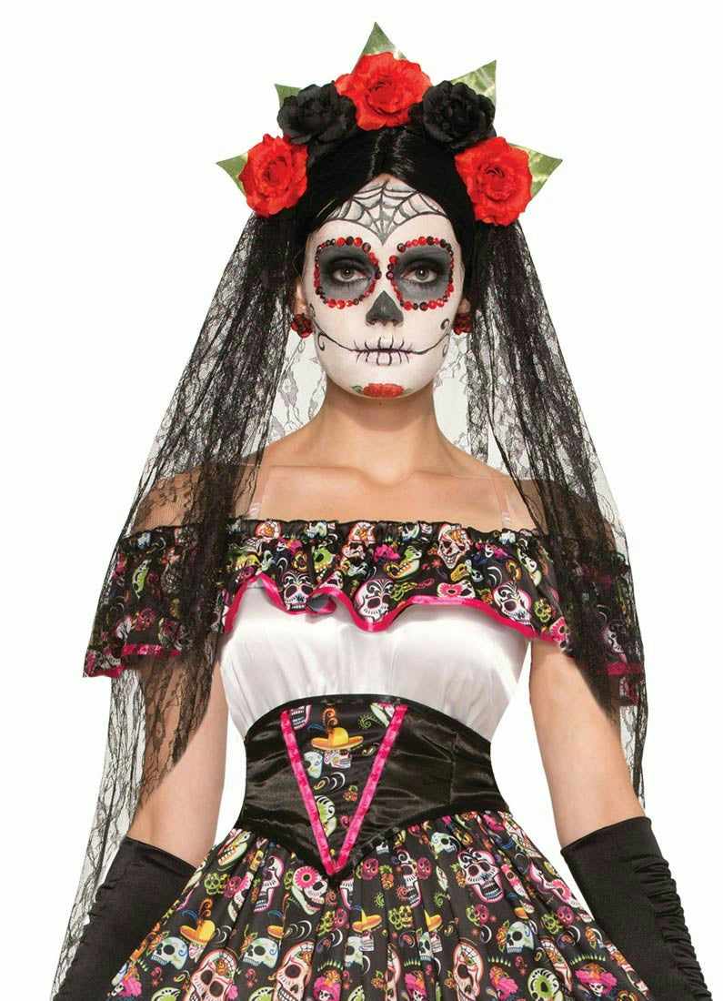 Adult Day of the Dead Black Veil Headband with Flowers by HalloweenStore.com