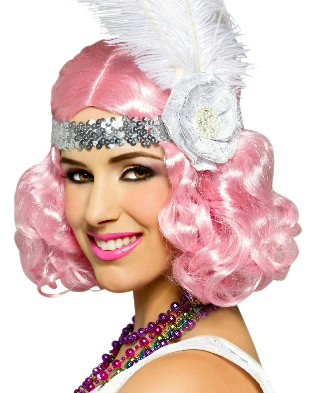 Party Icy Pastel Pink Short and Curly Flapper Adult Costume Wig by HalloweenStore.com