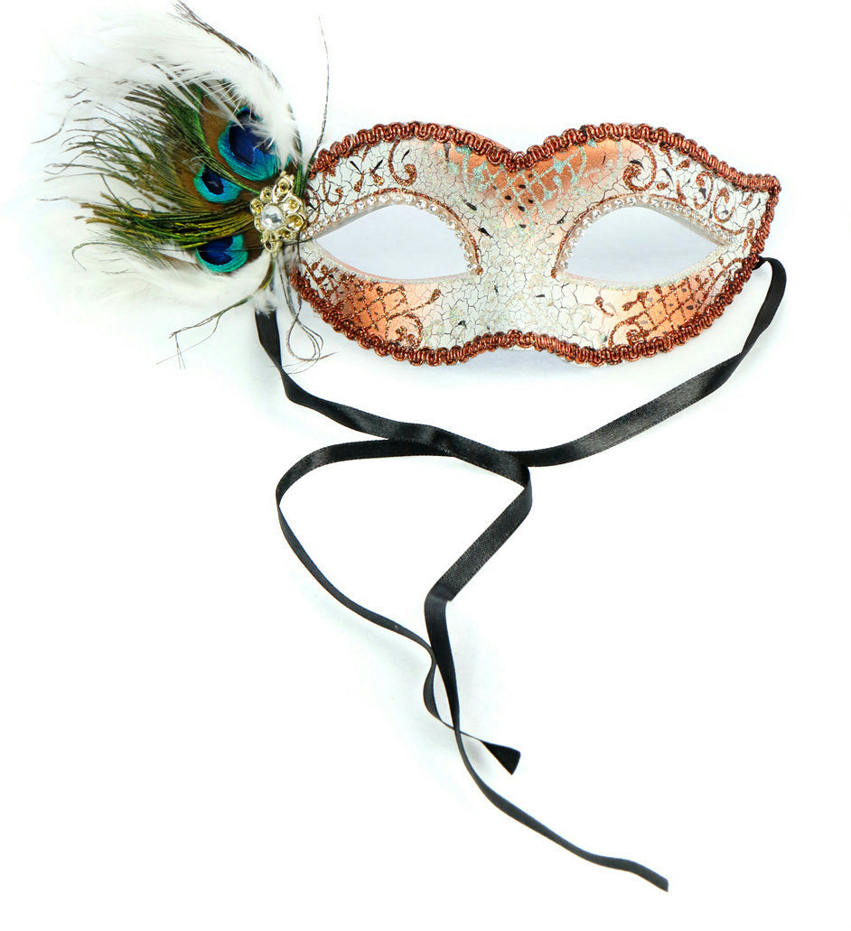 White Crackled Masquerade Venezia Eye Mask with Peacock Feathers and Jewels by HalloweenStore.com