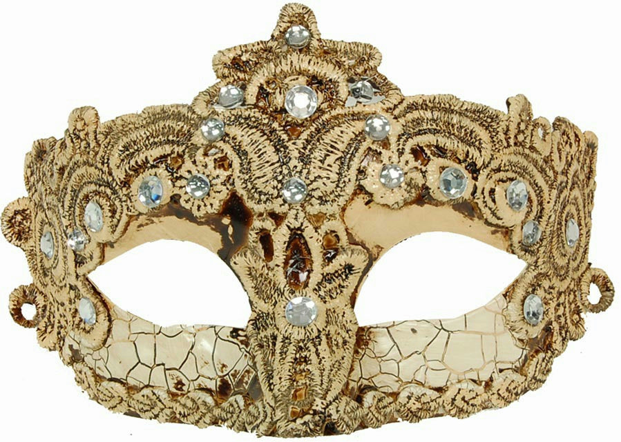 Beige Crackle Brazilian Diamond Masquerade Eye Mask With Lace and Rhinestones by HalloweenStore.com