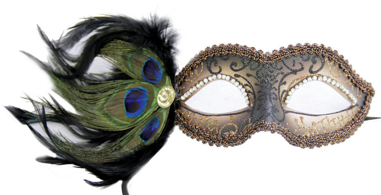 Bronze Cipriani Venetian Masquerade Eye Mask with Feathers Rhinestones and Jewel by HalloweenStore.com