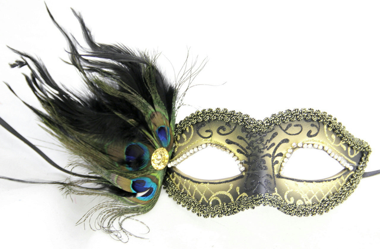 Gold Cipriani Venetian Masquerade Eye Mask with Feathers Rhinestones and Jewel by HalloweenStore.com