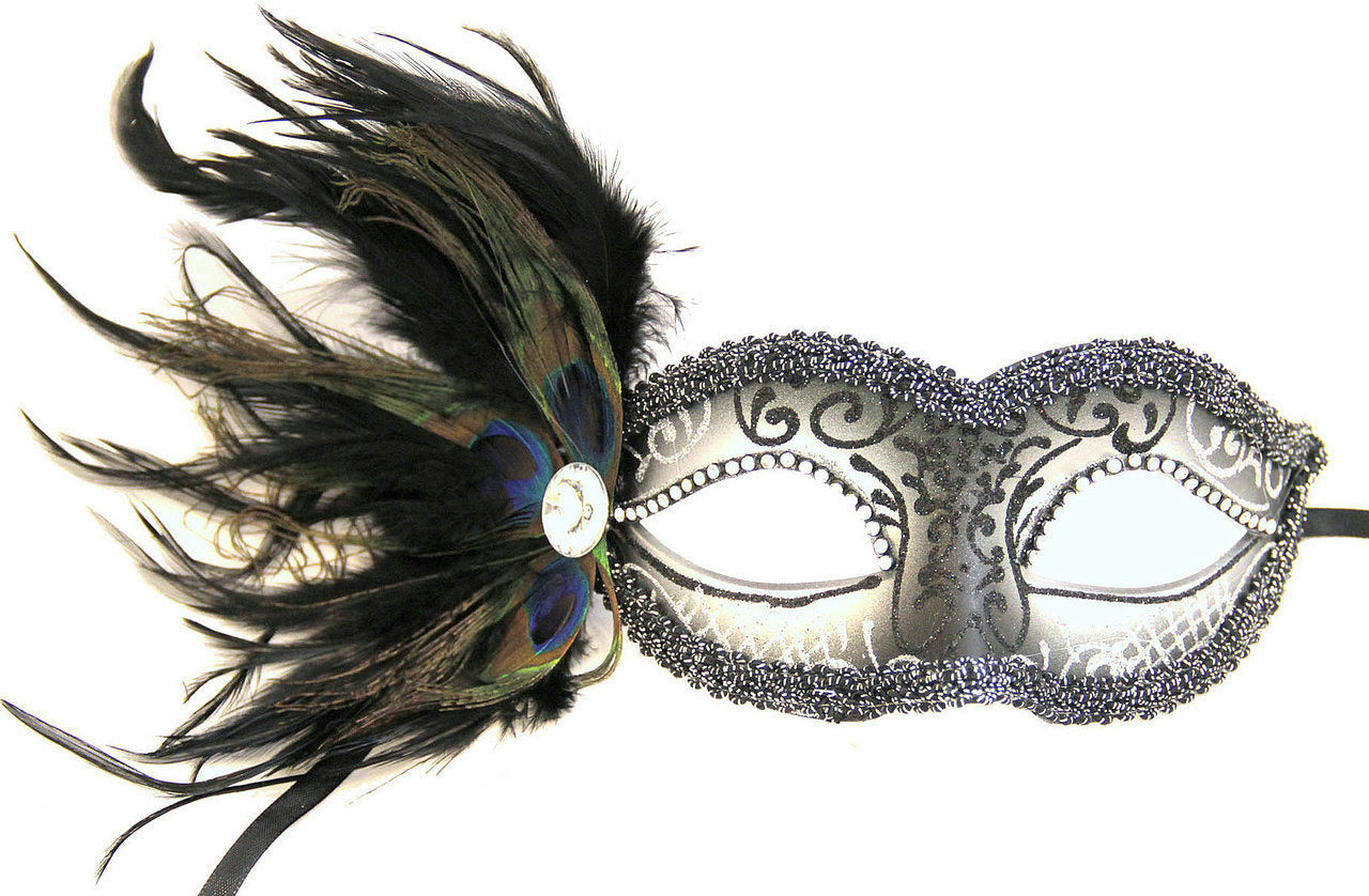 Silver Cipriani Venetian Masquerade Eye Mask with Feathers Rhinestones and Jewel by HalloweenStore.com