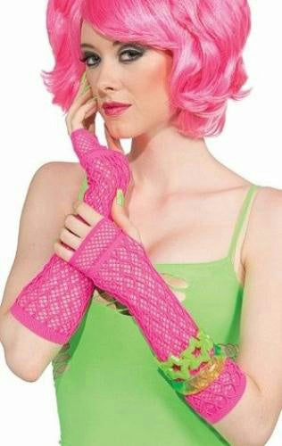 80's Club Candy Pink Double Fishnet Glovelettes Gloves by HalloweenStore.com