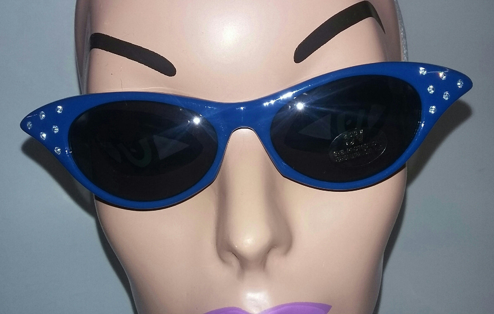 Blue 1950's Cateye Cat Eye Glasses with Rhinestones Dark Lens Sunglasses by HalloweenStore.com