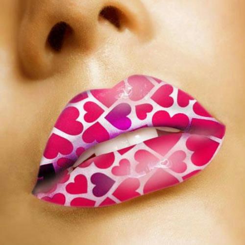 Big Pink Hearts Print Lips Temporary Tattoo Sticker by HalloweenStore.com