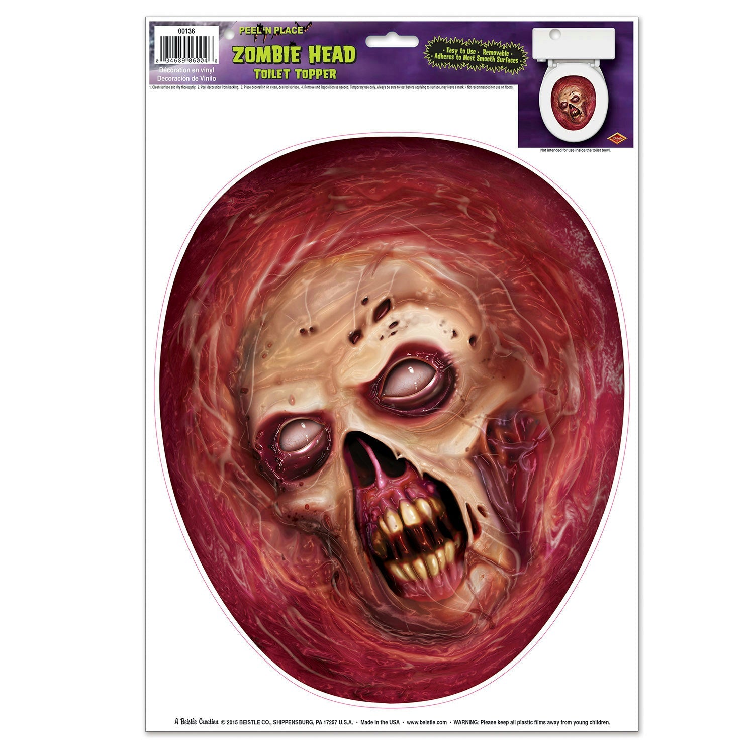 Peel 'N Place Bloody Zombie Head Toilet Topper Joke Gag by HalloweenStore.com