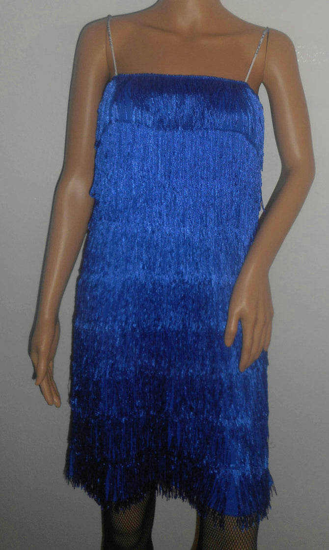 Women's Blue 1920's Deluxe Flapper 9 Tiered Fringe Costume Dress Beaded Straps by HalloweenStore.com