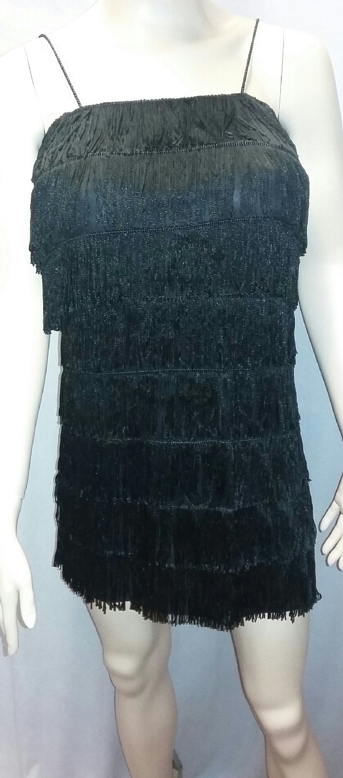 Women's Black 1920's Deluxe Flapper 8 Tiered Fringe Costume Dress Beaded Straps by HalloweenStore.com