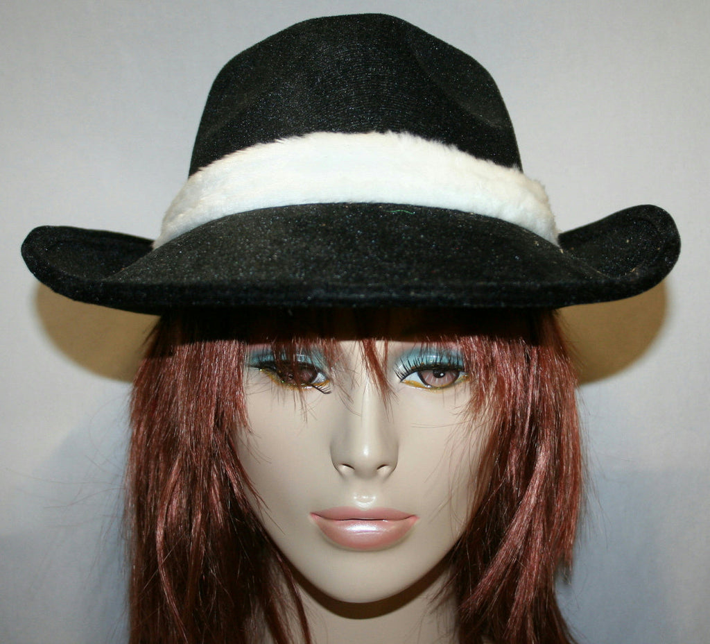 Black Flocked Fedora With White Trim and Flower Costume Hat by HalloweenStore.com