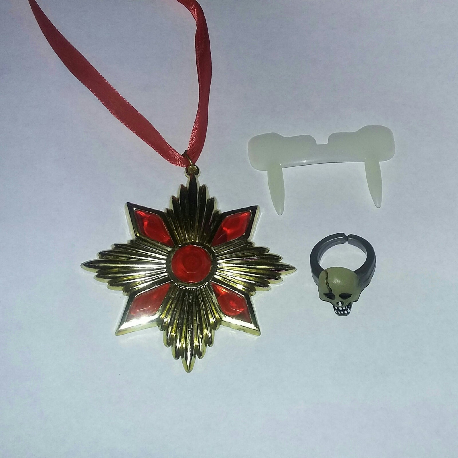 Dracula Accent Costume Kit Medallion Glow in the Dark Plastic Fangs & Skull Ring by HalloweenStore.com