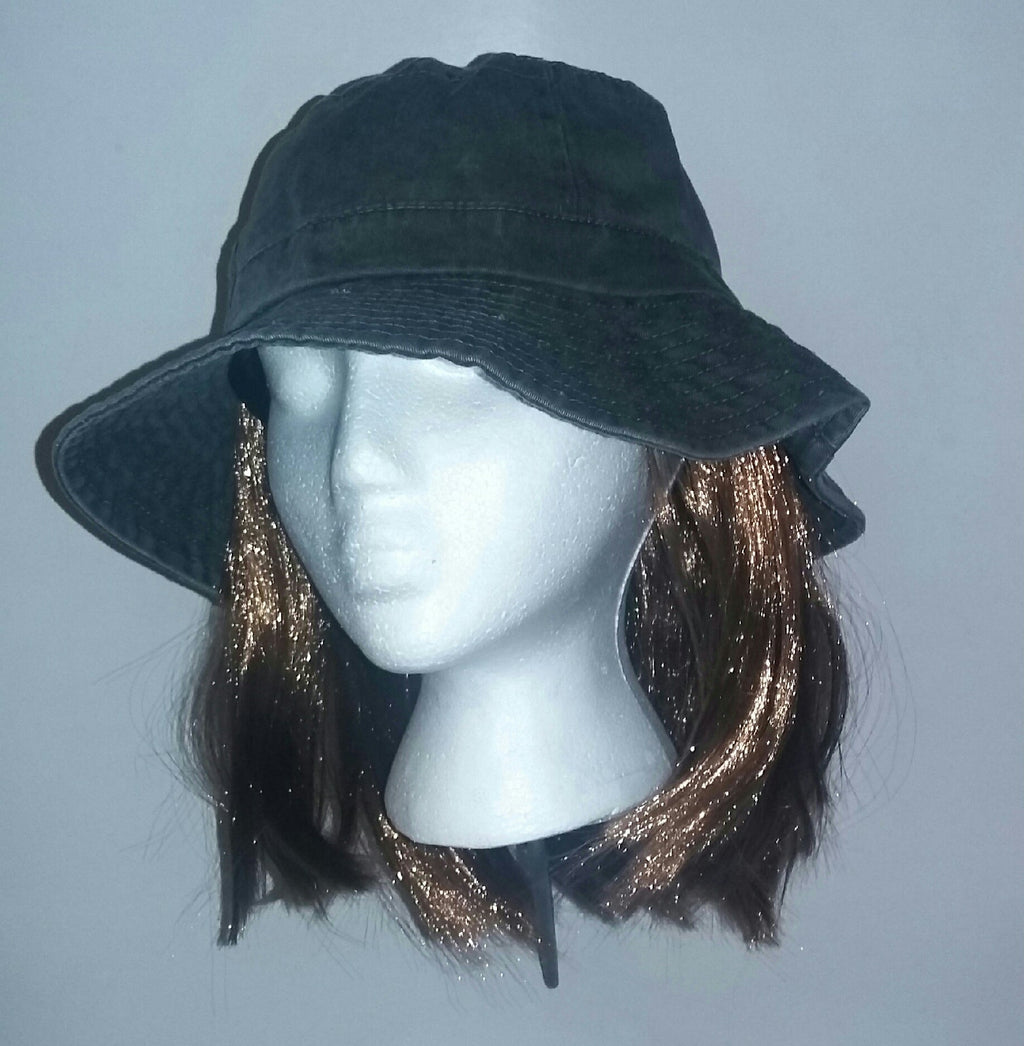 Washed Denim Cotton Bucket Hat With Attached Light Brown Hair by HalloweenStore.com