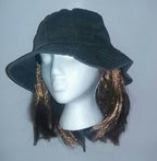 Washed Denim Cotton Bucket Hat With Attached Light Brown Hair by HalloweenStore.com