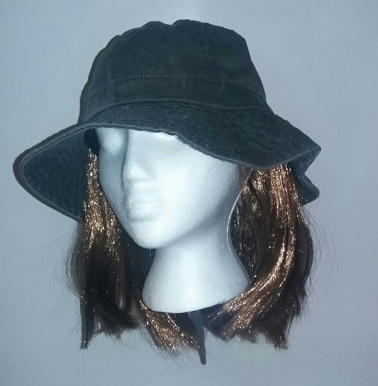 Washed Denim Cotton Bucket Hat With Attached Light Brown Hair by HalloweenStore.com