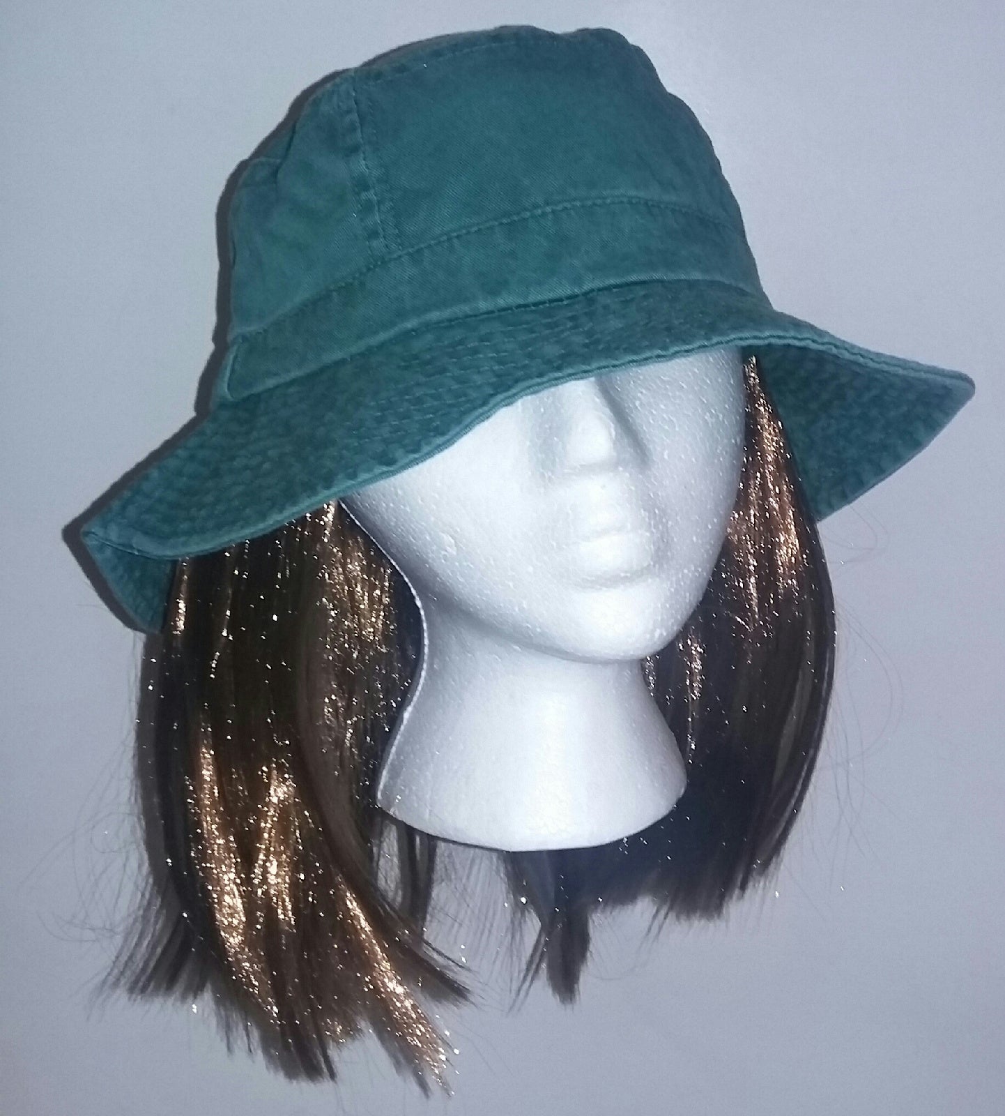 Washed Denim Cotton Bucket Hat With Attached Light Brown Hair by HalloweenStore.com