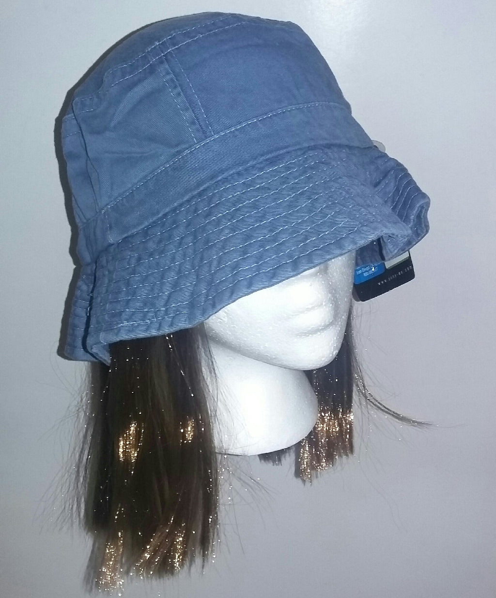Washed Denim Cotton Bucket Hat With Attached Light Brown Hair by HalloweenStore.com