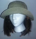 Washed Denim Cotton Bucket Hat With Attached Light Brown Hair by HalloweenStore.com