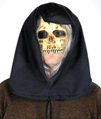 Grim Reaper Skeleton Skull Black Hooded Half Mask with Attached Gray Hair by HalloweenStore.com
