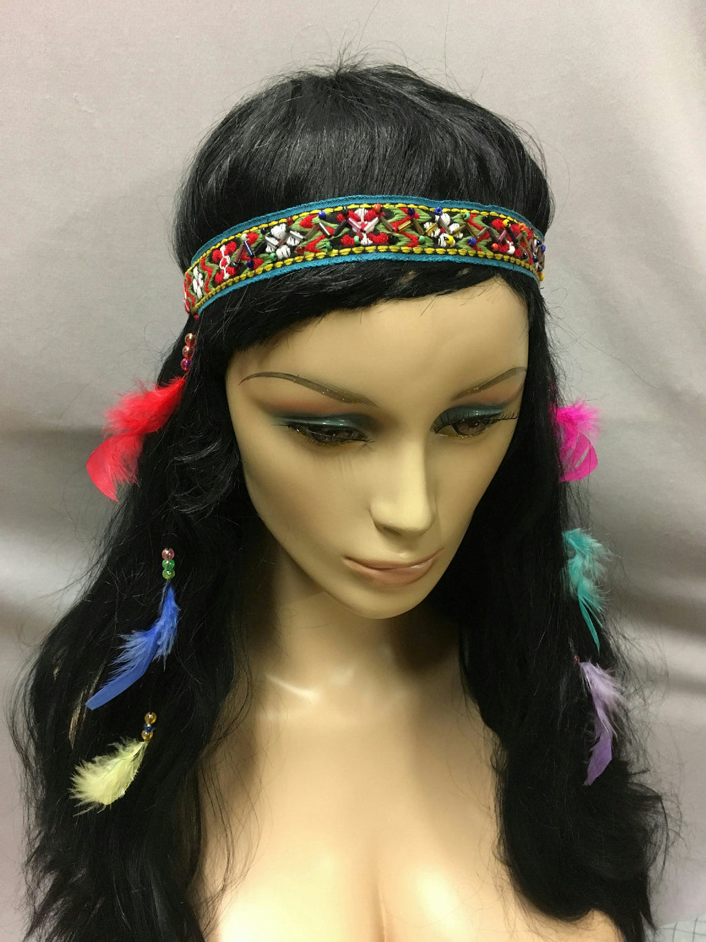 Multi-Colored Beaded Embroiderd Stretch Hippie Indian Headband Dangling Feathers by HalloweenStore.com