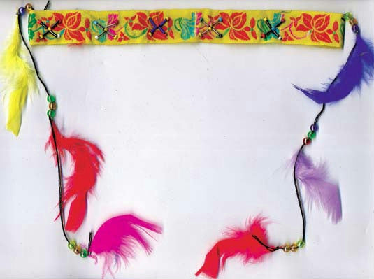 Multi-Colored Beaded Embroiderd Stretch Hippie Indian Headband Dangling Feathers by HalloweenStore.com