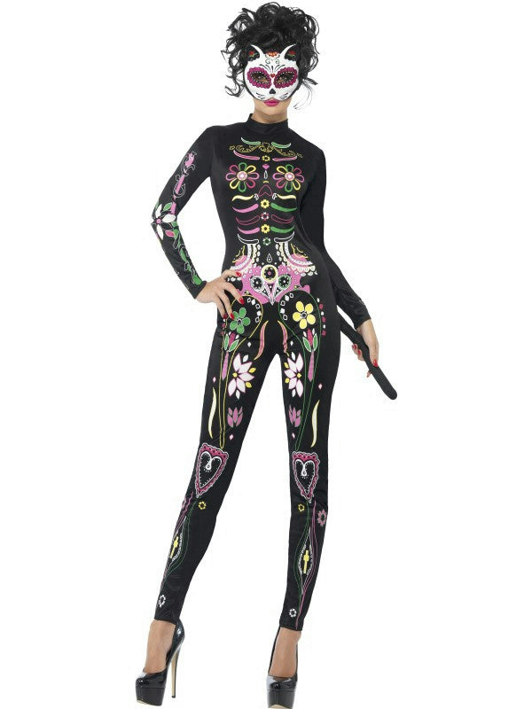 Smiffy's Women's Sexy Sugar Skull Cat Adult Costume Bodysuit Small 6-8 by HalloweenStore.com