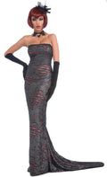 Women's Long Gray Torn Tattered Red Slit Couture Gothic Diva Adult Costume Dress by HalloweenStore.com