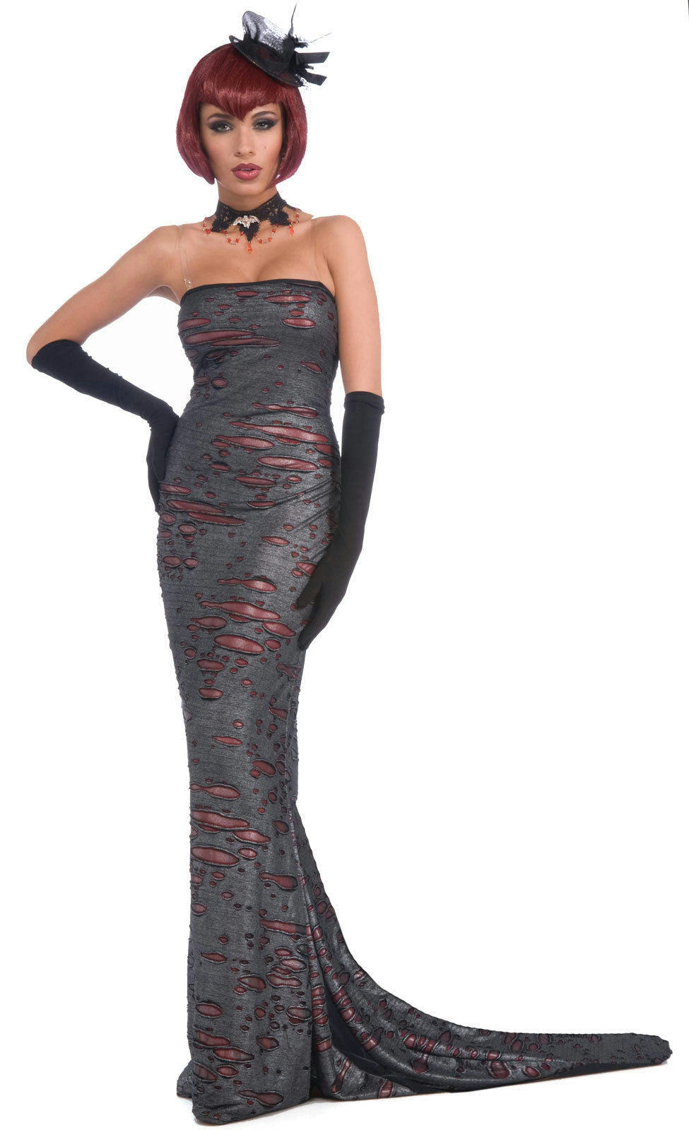 Women's Long Gray Torn Tattered Red Slit Couture Gothic Diva Adult Costume Dress by HalloweenStore.com