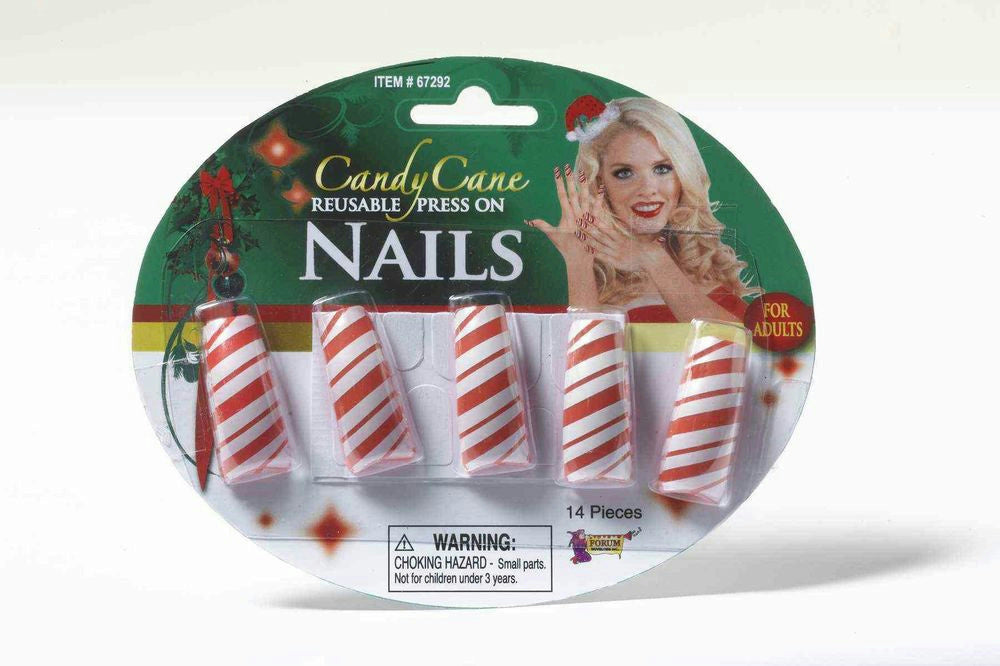 Set of 10 Red White Striped Candy Cane Reusable Press On Nails Christmas Fun by HalloweenStore.com