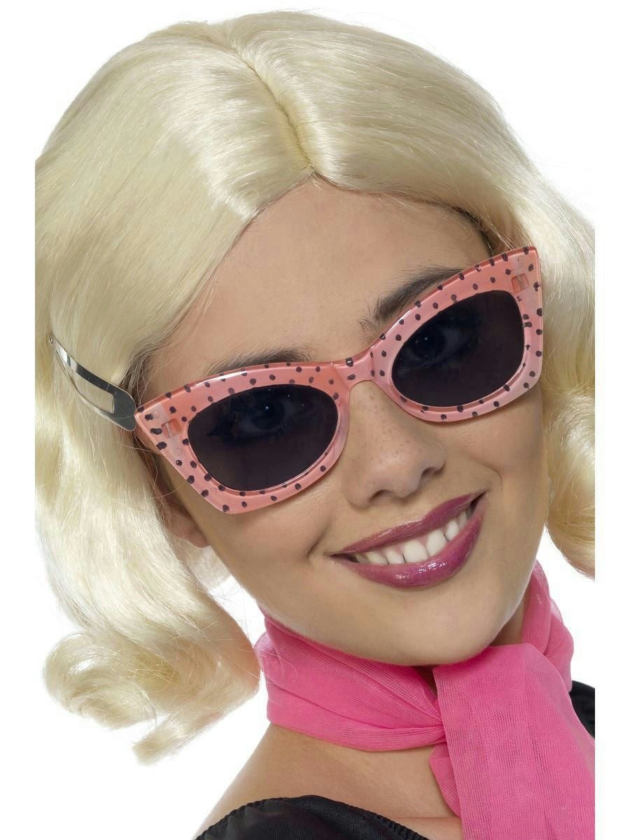 Pink 50's Style Frames Glasses with Black Polka Dots and Tinted Lenses by HalloweenStore.com